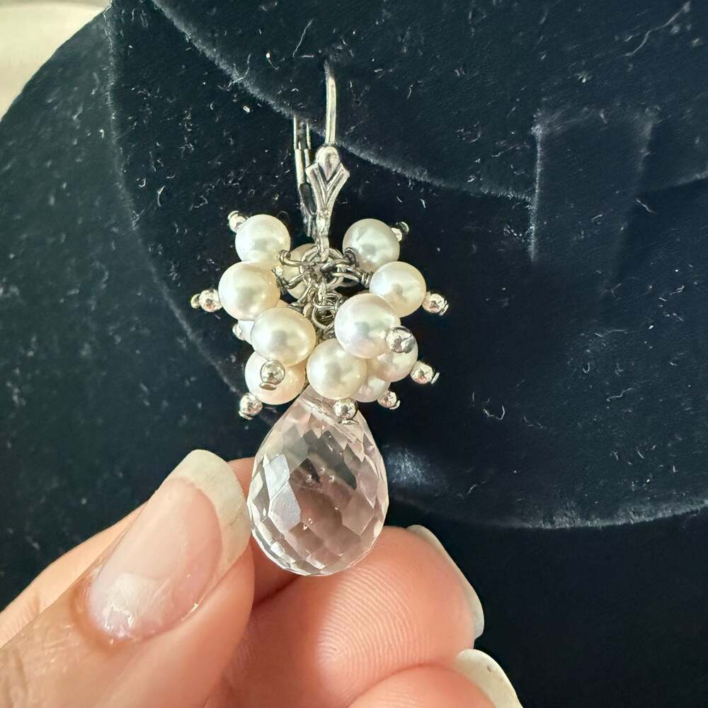 Sterling Silver Faceted Rock Crystal Quartz and Pearl Cluster Drop Earrings - Picture 2 of 6